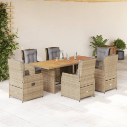 7 Pcs conjunto de jantar p/ jardim com almofadões vime PE bege