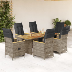 7 Pcs conjunto bistrô de jardim c/ almofadões vime PE cinza
