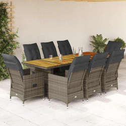 9 Pcs conjunto bistrô de jardim c/ almofadões vime PE cinzento