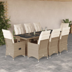 9 Pcs conjunto de bistrô para jardim c/ almofadões vime PE bege