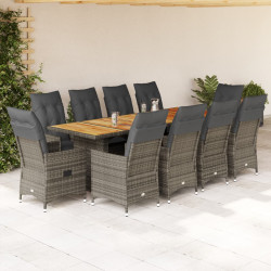 11 Pcs conjunto bistrô de jardim c/ almofadões vime PE cinzento