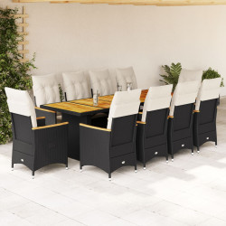 11 Pcs conjunto de bistrô p/ jardim c/ almofadões vime PE preto