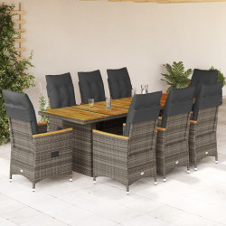 9 Pcs conjunto bistrô de jardim c/ almofadões vime PE cinzento