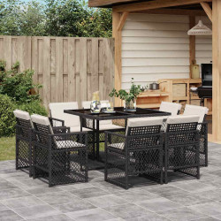 9 Pcs conjunto de jantar p/ jardim c/ almofadões vime PE preto