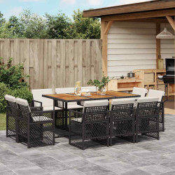 11 Pcs conjunto de jantar p/ jardim c/ almofadões vime PE preto