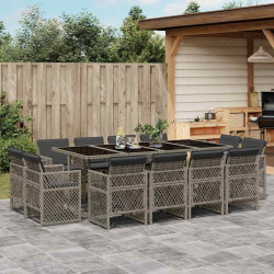 13 Pcs conjunto jantar p/ jardim c/ almofadões vime PE cinzento
