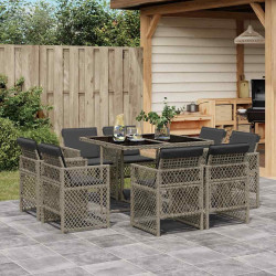 9 Pcs conjunto de jantar p/ jardim c/ almofadões vime PE cinza