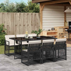 7 Pcs conjunto de jantar p/ jardim c/ almofadões vime PE preto