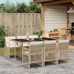 7 Pcs conjunto de jantar p/ jardim com almofadões vime PE bege