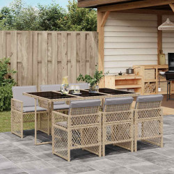 7 Pcs conjunto de jantar p/ jardim com almofadões vime PE bege