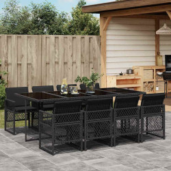 9 Pcs conjunto de jantar p/ jardim c/ almofadões vime PE preto