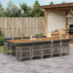11 Pcs conjunto jantar p/ jardim c/ almofadões vime PE cinzento