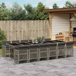 13 Pcs conjunto jantar p/ jardim c/ almofadões vime PE cinzento