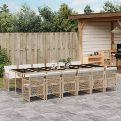13 Pcs conjunto de jantar p/ jardim com almofadões vime PE bege