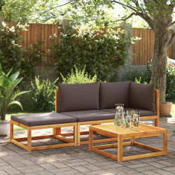 Conjunto de sofás de jardim de 3 peças com almofadas de madeira de acácia e corda