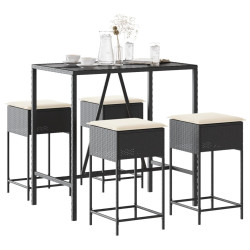 5 Pcs conjunto de bar p/ jardim c/ almofadões vime PE preto