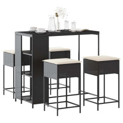 5 Pcs conjunto de bar p/ jardim c/ almofadões vime PE preto