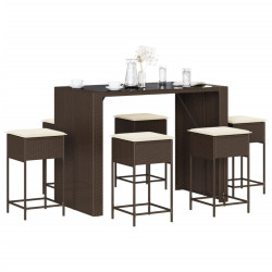 7 Pcs conjunto de bar p/ jardim c/ almofadões vime PE castanho