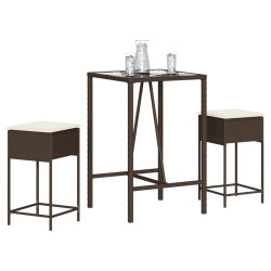 3 Pcs conjunto de bar p/ jardim com almofadões vime PE castanho