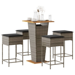 5 Pcs conjunto de bar p/ jardim c/ almofadões vime PE cinzento