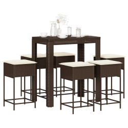 7 Pcs conjunto de bar p/ jardim c/ almofadões vime PE castanho