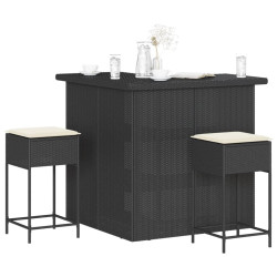 3 Pcs conjunto de bar para jardim c/ almofadões vime PE preto