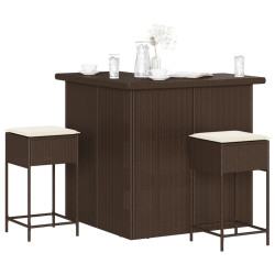 3 Pcs conjunto de bar p/ jardim com almofadões vime PE castanho