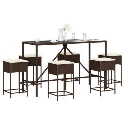 7 Pcs conjunto de bar p/ jardim c/ almofadões vime PE castanho