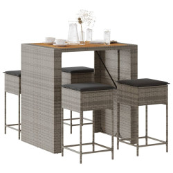 5 Pcs conjunto de bar p/ jardim c/ almofadões vime PE cinzento