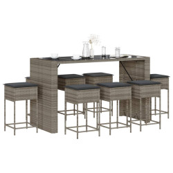 9 Pcs conjunto de bar p/ jardim c/ almofadões vime PE cinzento
