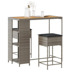 3 Pcs conjunto de bar p/ jardim c/ almofadões vime PE cinzento