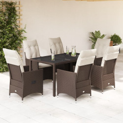 7 Pcs conjunto jantar p/ jardim c/ almofadões vime PE castanho