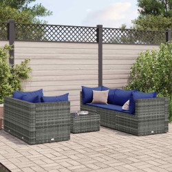 6 Pcs conjunto lounge de jardim c/ almofadões vime PE cinzento
