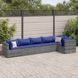 6 Pcs conjunto lounge de jardim c/ almofadões vime PE cinzento