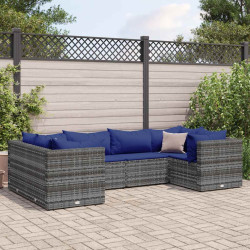 6 Pcs conjunto lounge de jardim c/ almofadões vime PE cinzento