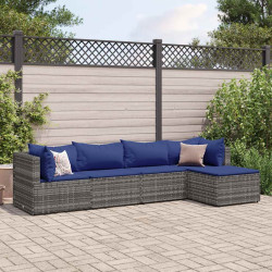 5 Pcs conjunto lounge de jardim c/ almofadões vime PE cinzento