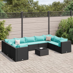 10 Pcs conjunto lounge de jardim c/ almofadões vime PE preto