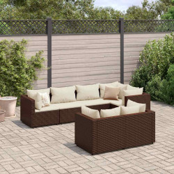 7 Pcs conjunto lounge de jardim c/ almofadões vime PE castanho