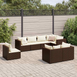 8 Pcs conjunto lounge de jardim c/ almofadões vime PE castanho