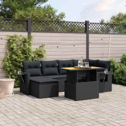 7 Pcs conjunto de sofás p/ jardim c/ almofadões vime PE preto