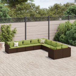 10 Pcs conj. sofás jardim com almofadões vime PE castanho