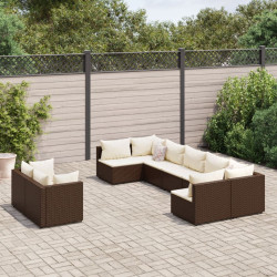 9 Pcs conjunto sofás p/ jardim c/ almofadões vime PE castanho
