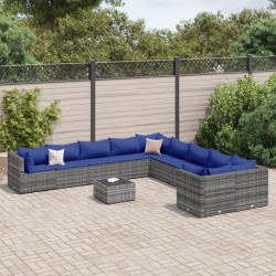 11 Pcs conjunto sofás de jardim c/ almofadões vime PE cinzento