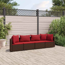 4 Pcs conjunto sofás de jardim c/ almofadões vime PE castanho