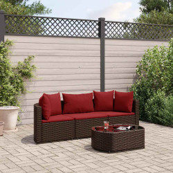 4 Pcs conjunto sofás de jardim c/ almofadões vime PE castanho
