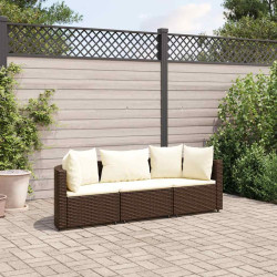 3 Pcs conjunto sofás de jardim com almofadões vime PE castanho