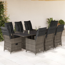 9 Pcs conjunto de jantar p/ jardim c/ almofadões vime PE cinza