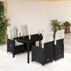 5 Pcs conjunto bistrô de jardim c/ almofadões vime PE preto