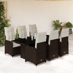 7 Pcs conjunto bistrô de jardim c/ almofadões vime PE castanho