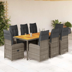 9 Pcs conjunto bistrô de jardim c/ almofadões vime PE cinzento